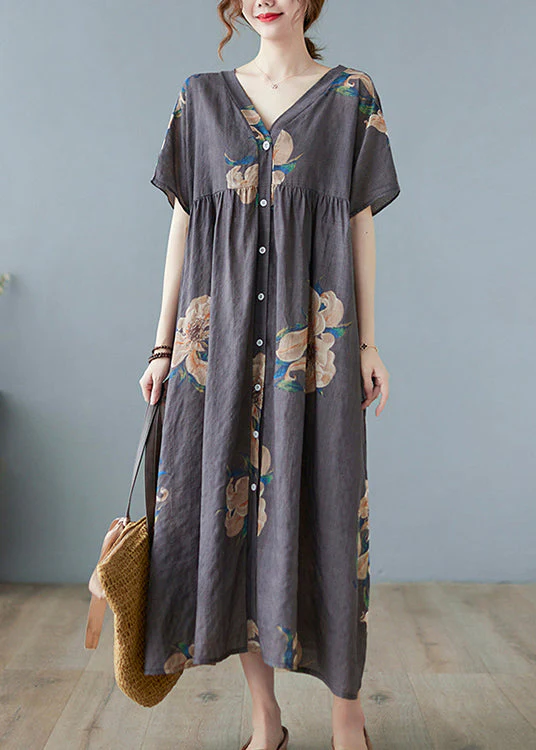 Bohemian Grey Print Long Beach Dresses Short Sleeve - Image 4