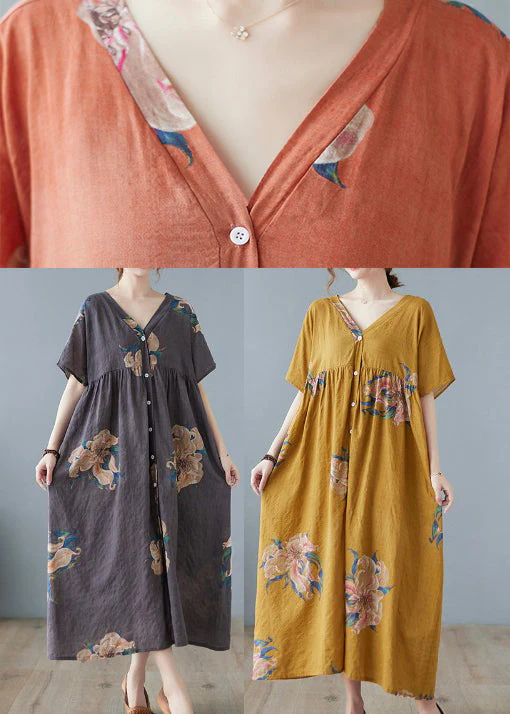 Bohemian Grey Print Long Beach Dresses Short Sleeve - Image 5