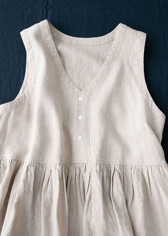 Bohemian Grey V Neck Wrinkled Patchwork Linen Dresses Summer - Image 4
