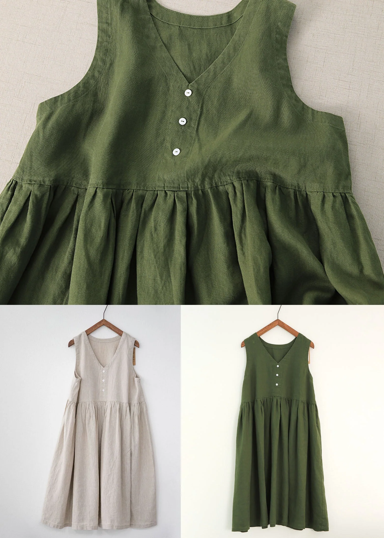 Bohemian Grey V Neck Wrinkled Patchwork Linen Dresses Summer - Image 5