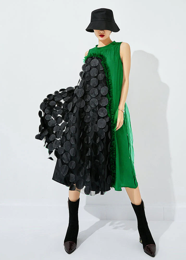 Bohemian Khaki-Black Dot Asymmetrical Patchwork Wrinkled Tulle Maxi Dress Sleeveless - Image 12