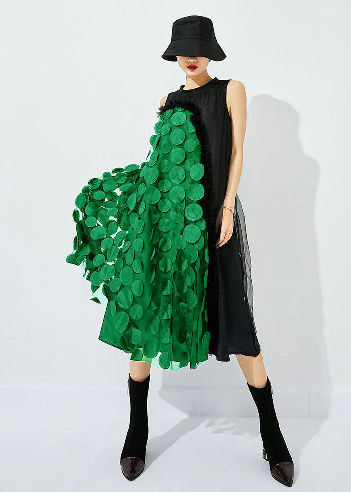 Bohemian Khaki-Black Dot Asymmetrical Patchwork Wrinkled Tulle Maxi Dress Sleeveless - Image 13