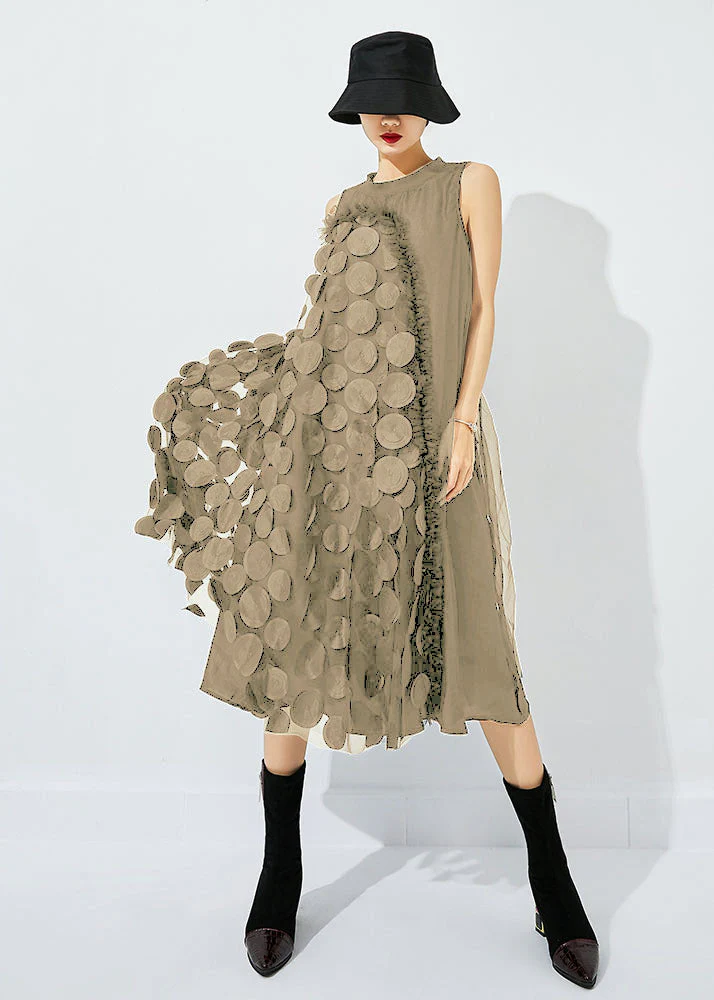 Bohemian Khaki-Black Dot Asymmetrical Patchwork Wrinkled Tulle Maxi Dress Sleeveless - Image 2