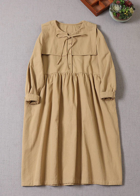 Bohemian Khaki Cinched Patchwork Cotton Dress Spring - Image 2