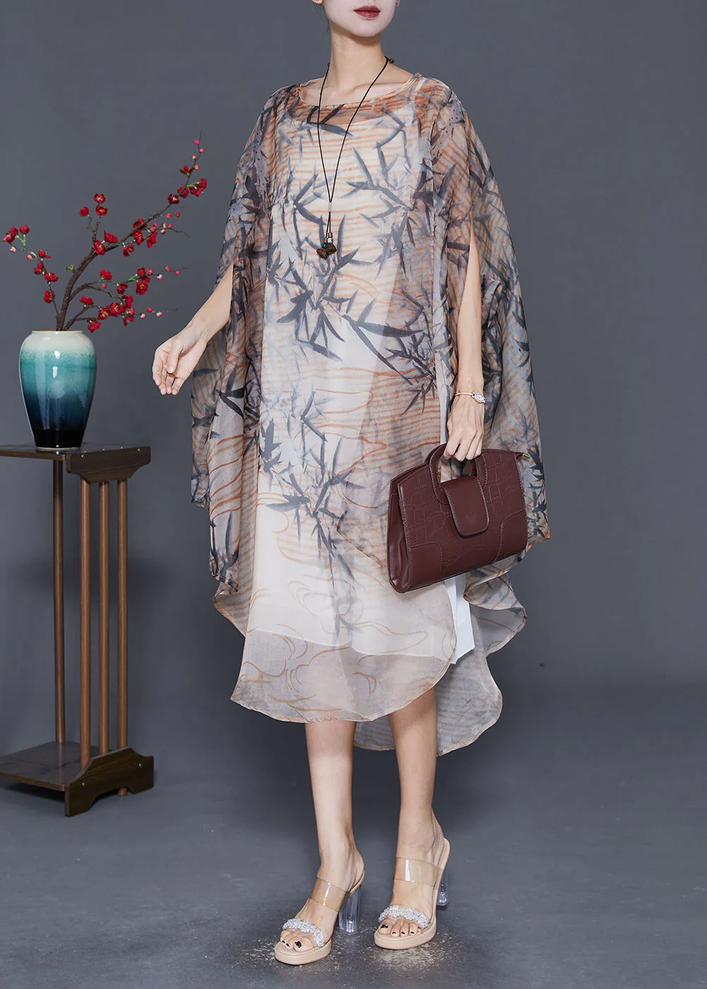 Bohemian Khaki Oversized Print Tulle Dress Cloak Sleeves - Image 2