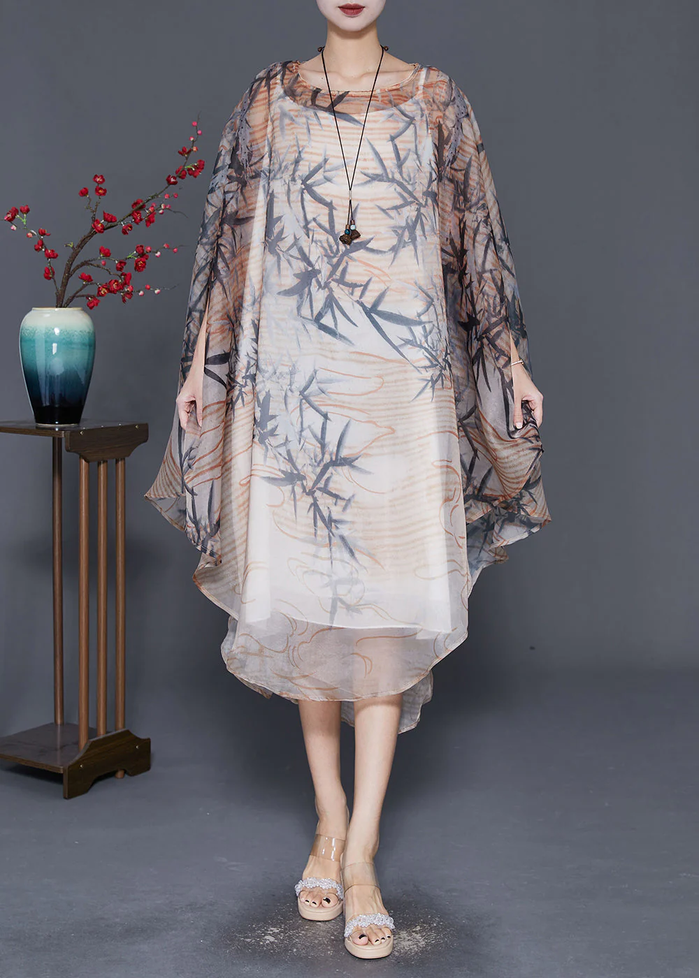 Bohemian Khaki Oversized Print Tulle Dress Cloak Sleeves - Image 3