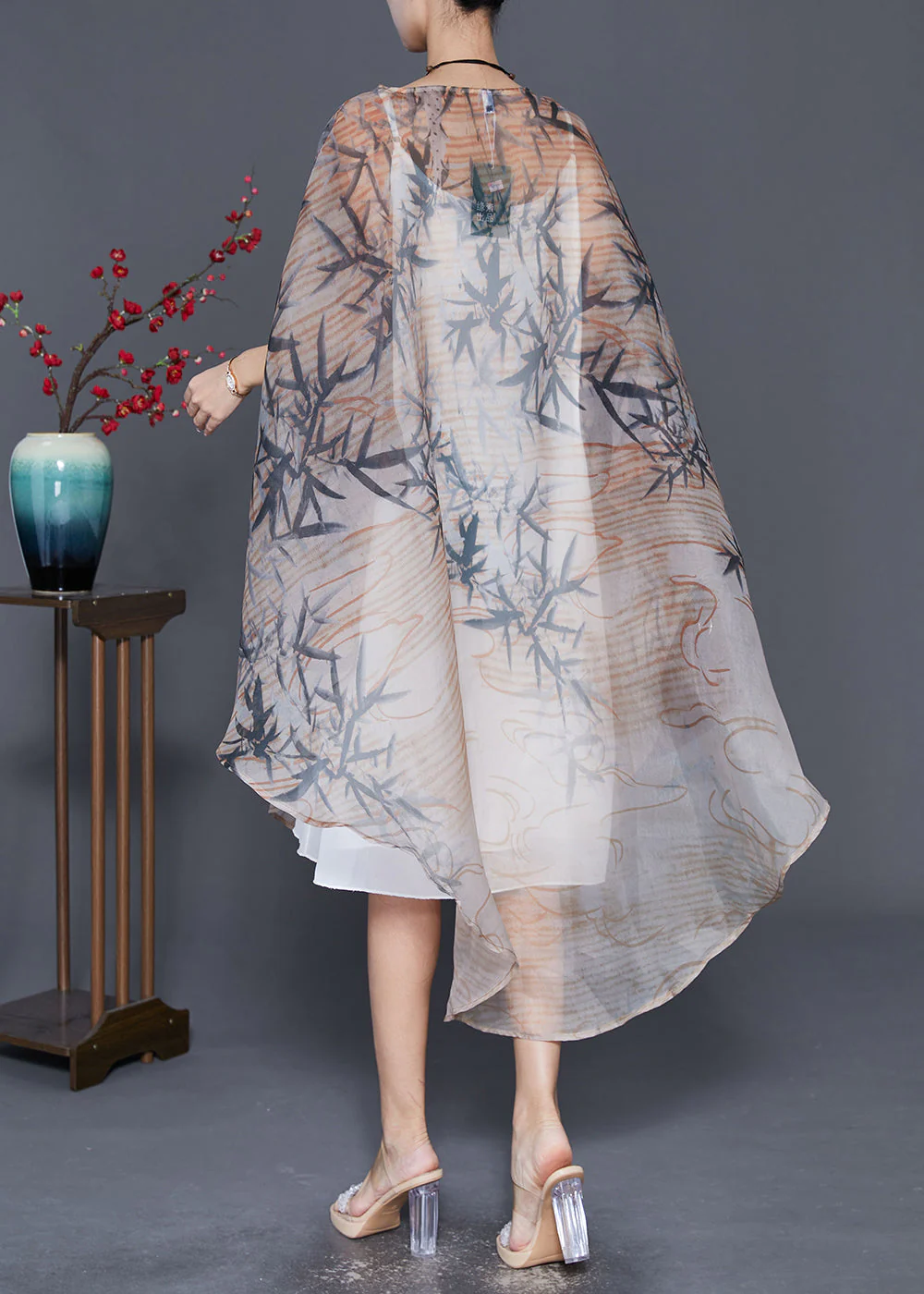 Bohemian Khaki Oversized Print Tulle Dress Cloak Sleeves - Image 4