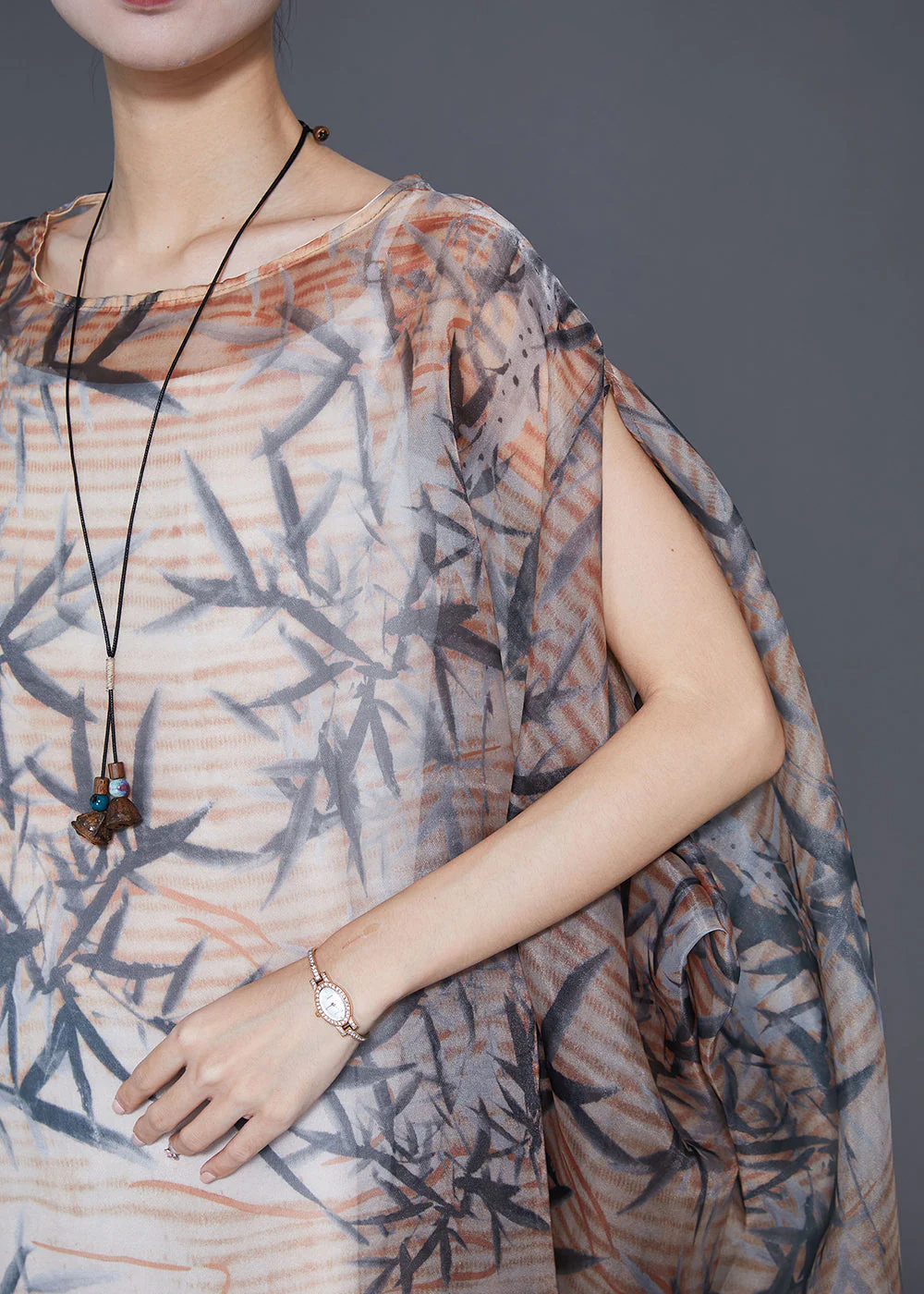 Bohemian Khaki Oversized Print Tulle Dress Cloak Sleeves - Image 5