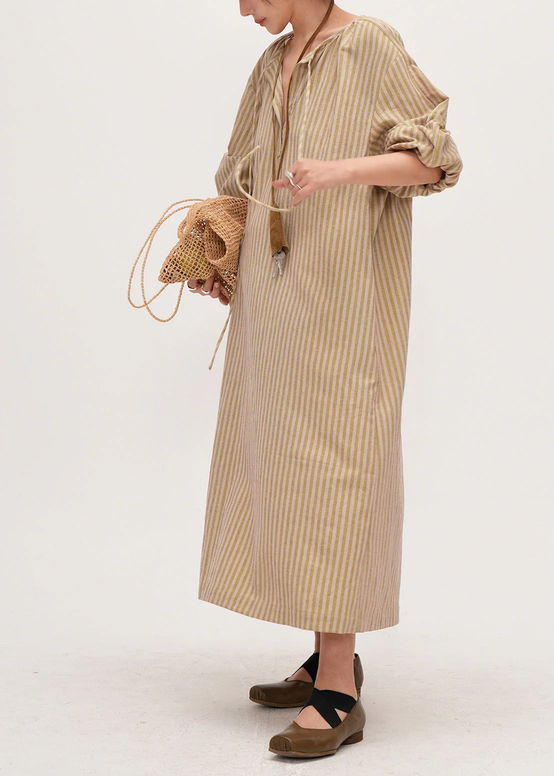 Bohemian Khaki Oversized Striped Linen Maxi Dresses Bracelet Sleeve - Image 3