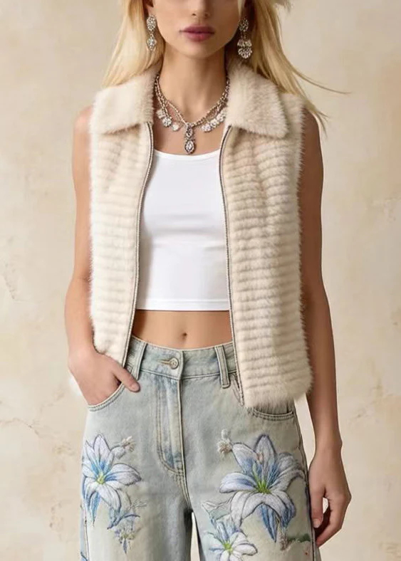 Bohemian Khaki Peter Pan Collar Faux Mink Hair Vests Winter - Image 3