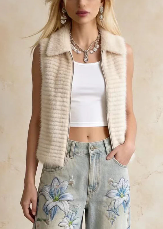Bohemian Khaki Peter Pan Collar Faux Mink Hair Vests Winter - Image 5
