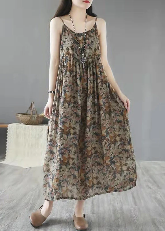 Bohemian Khaki Print Wrinkled Linen Spaghetti Strap Dress Sleeveless - Image 3
