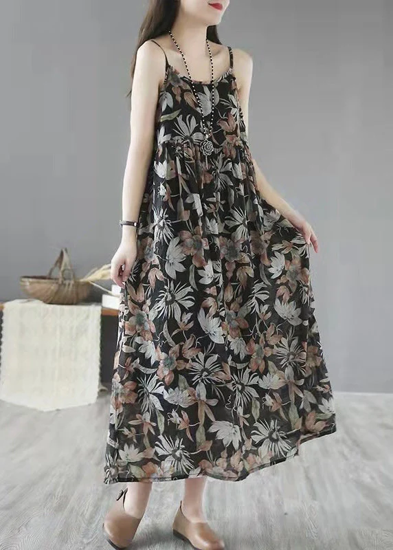 Bohemian Khaki Print Wrinkled Linen Spaghetti Strap Dress Sleeveless - Image 4