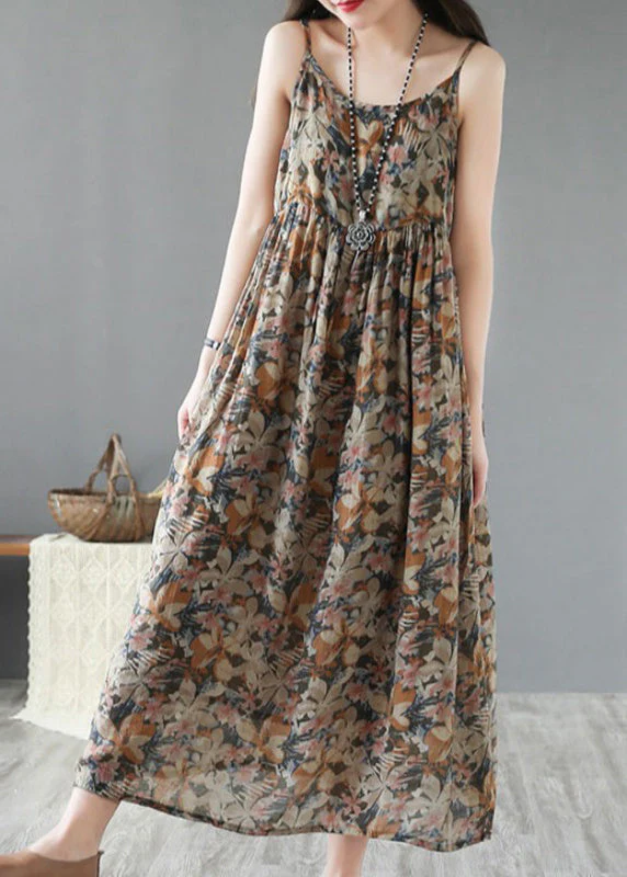 Bohemian Khaki Print Wrinkled Linen Spaghetti Strap Dress Sleeveless - Image 5