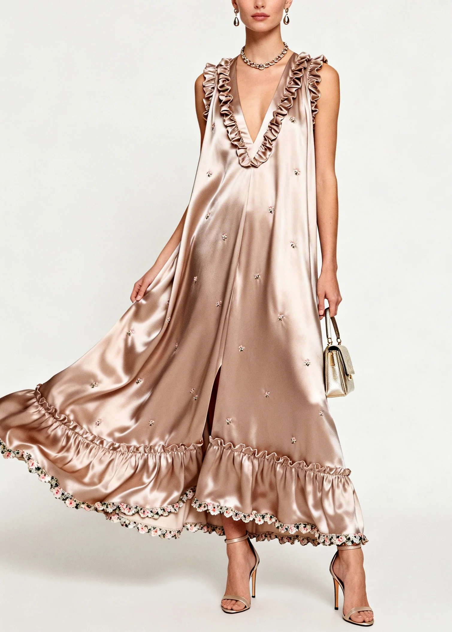 Bohemian Khaki Ruffled Floral Silk Holiday Dress Sleeveless - Image 3
