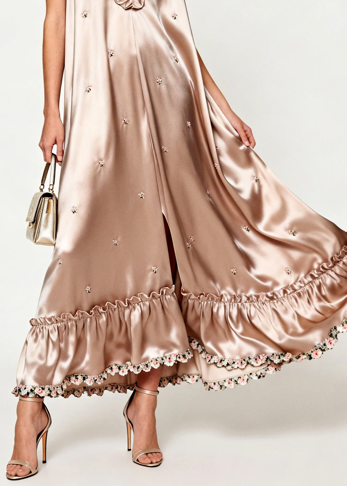Bohemian Khaki Ruffled Floral Silk Holiday Dress Sleeveless - Image 4
