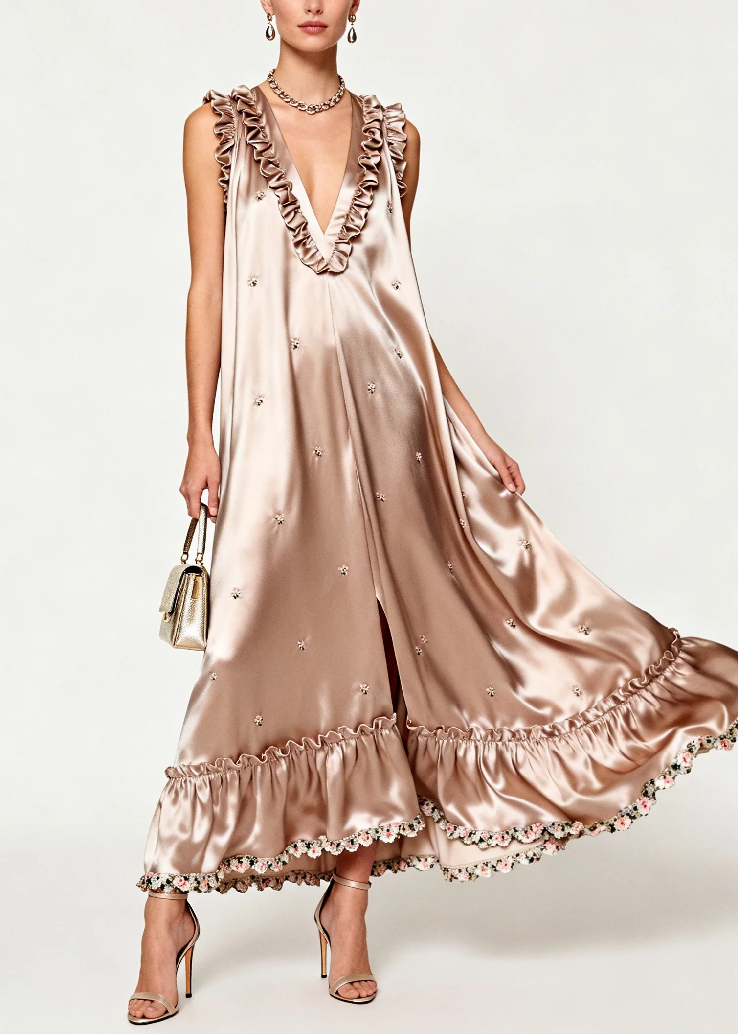 Bohemian Khaki Ruffled Floral Silk Holiday Dress Sleeveless - Image 5