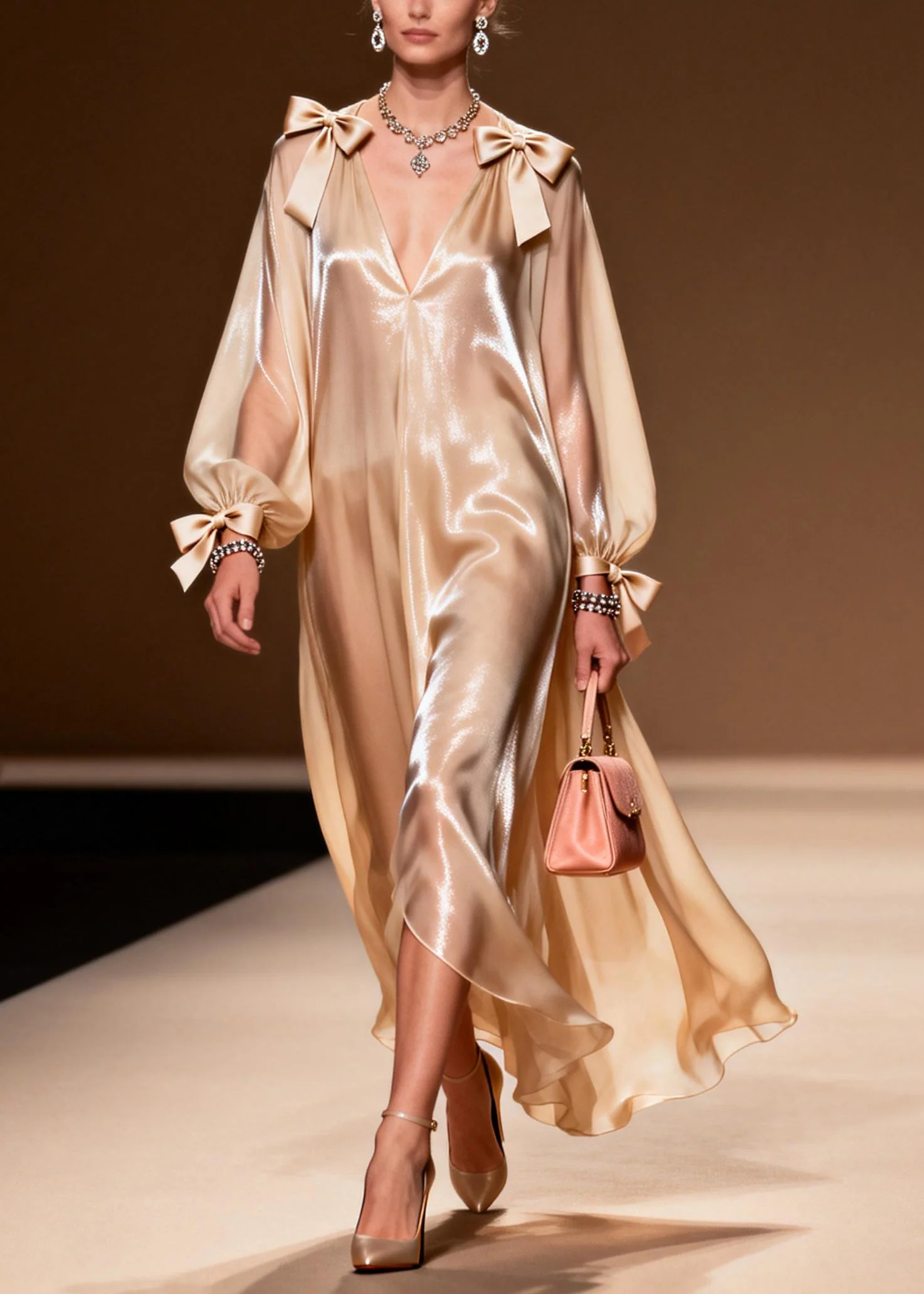 Bohemian Khaki V Neck Bow Chiffon Party Dress Summer - Image 3