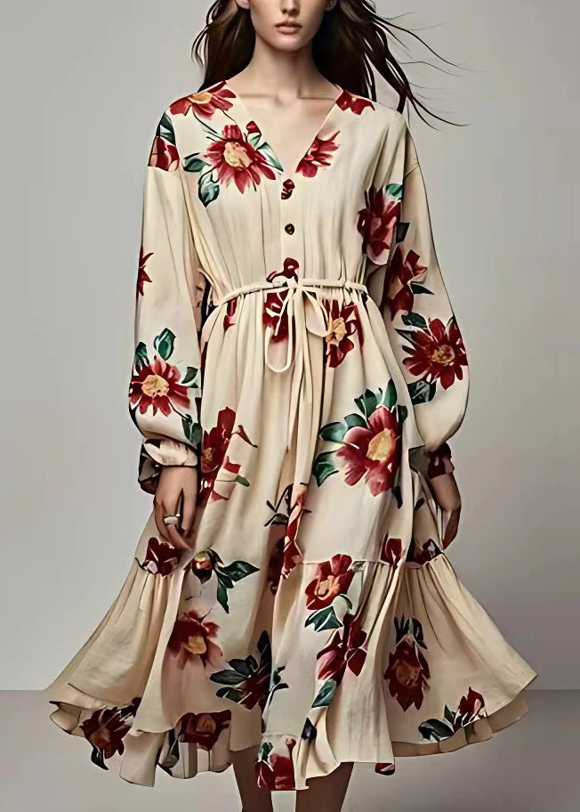 Bohemian Khaki V Neck Lace Up Print Cotton Maxi Dress Long Sleeve - Image 2