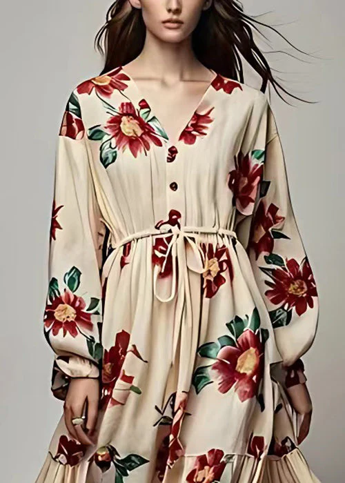 Bohemian Khaki V Neck Lace Up Print Cotton Maxi Dress Long Sleeve - Image 3
