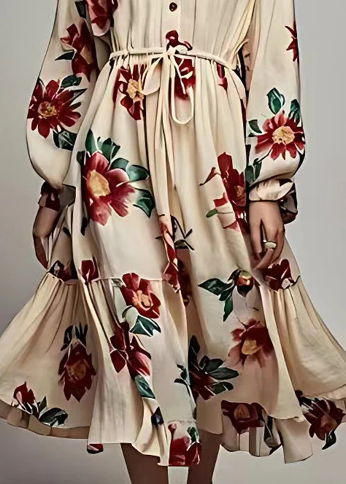Bohemian Khaki V Neck Lace Up Print Cotton Maxi Dress Long Sleeve - Image 5