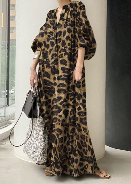 Bohemian Khaki V Neck Leopard Print Chiffon Maxi Dress Puff Sleeve - Image 2