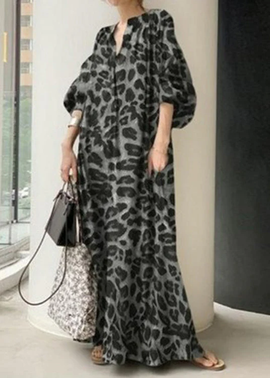 Bohemian Khaki V Neck Leopard Print Chiffon Maxi Dress Puff Sleeve - Image 3