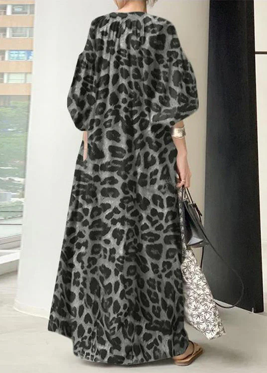 Bohemian Khaki V Neck Leopard Print Chiffon Maxi Dress Puff Sleeve - Image 4