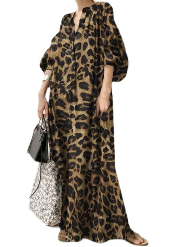 Bohemian Khaki V Neck Leopard Print Chiffon Maxi Dress Puff Sleeve - Image 5