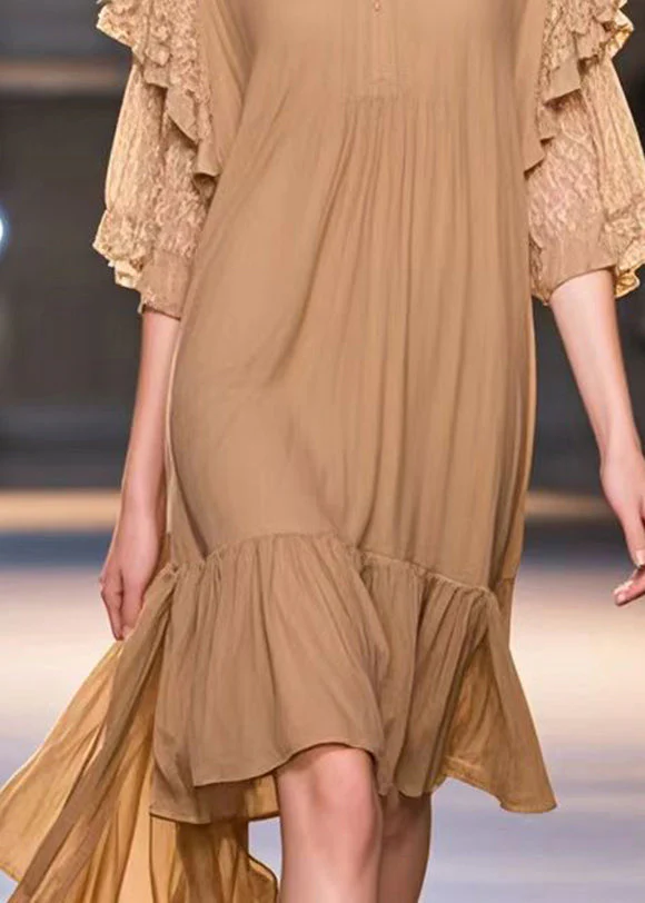 Bohemian Khaki V Neck Patchwork Cotton Work Dress Summer - Image 4
