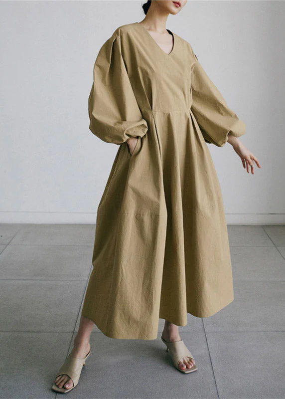 Bohemian Khaki V Neck Patchwork Zippered Cotton Vacation Dresses Long Sleeve - Image 2