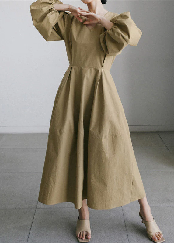 Bohemian Khaki V Neck Patchwork Zippered Cotton Vacation Dresses Long Sleeve - Image 3