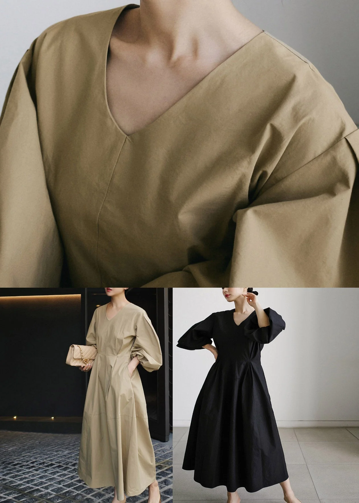 Bohemian Khaki V Neck Patchwork Zippered Cotton Vacation Dresses Long Sleeve - Image 5