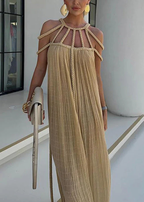 Bohemian Khaki Wrinkled Cable Hollow Out Cotton Long Dress Sleeveless - Image 3