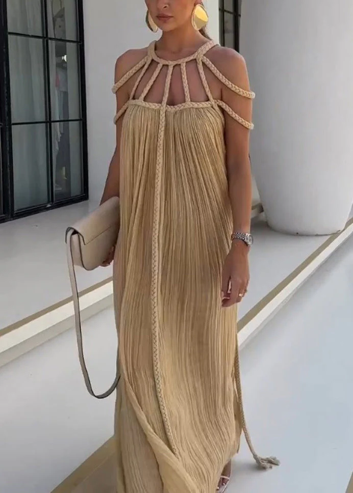 Bohemian Khaki Wrinkled Cable Hollow Out Cotton Long Dress Sleeveless - Image 4