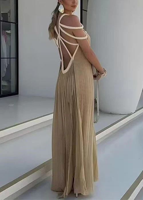 Bohemian Khaki Wrinkled Cable Hollow Out Cotton Long Dress Sleeveless - Image 5