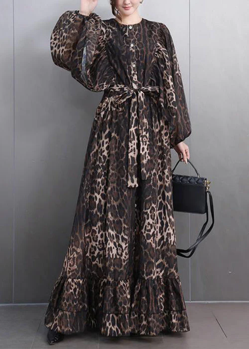 Bohemian Leopard Button Tie Waist Maxi Dresses Fall - Image 2