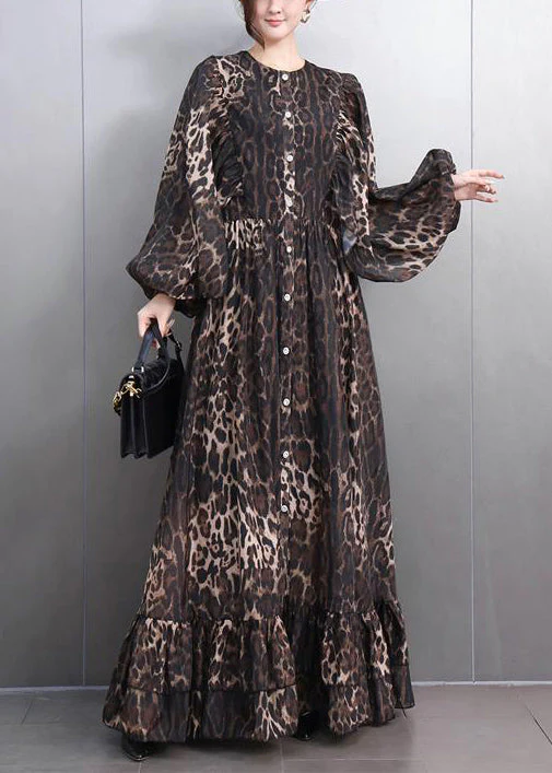 Bohemian Leopard Button Tie Waist Maxi Dresses Fall - Image 3