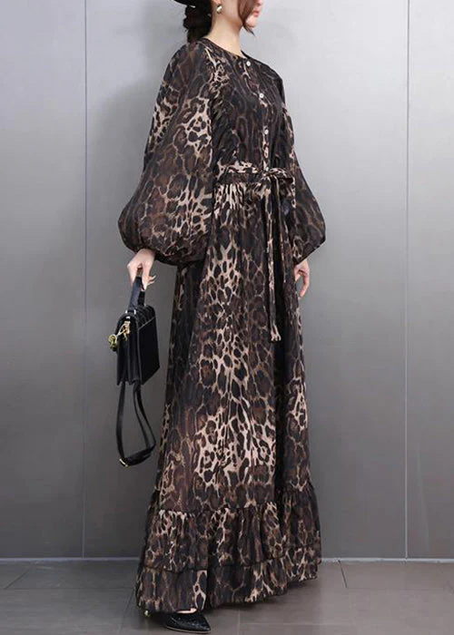 Bohemian Leopard Button Tie Waist Maxi Dresses Fall - Image 4