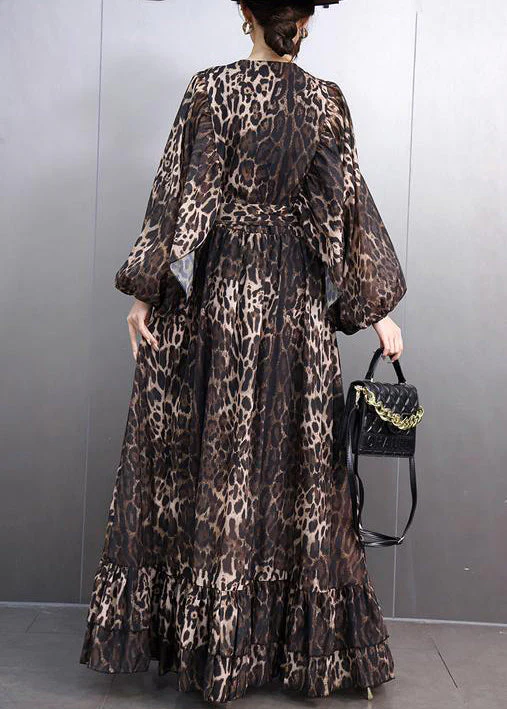 Bohemian Leopard Button Tie Waist Maxi Dresses Fall - Image 5