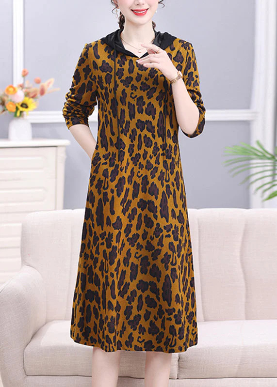 Bohemian Leopard Peter Pan Collar Print Drawstring Hooded Long Dress Long Sleeve - Image 3