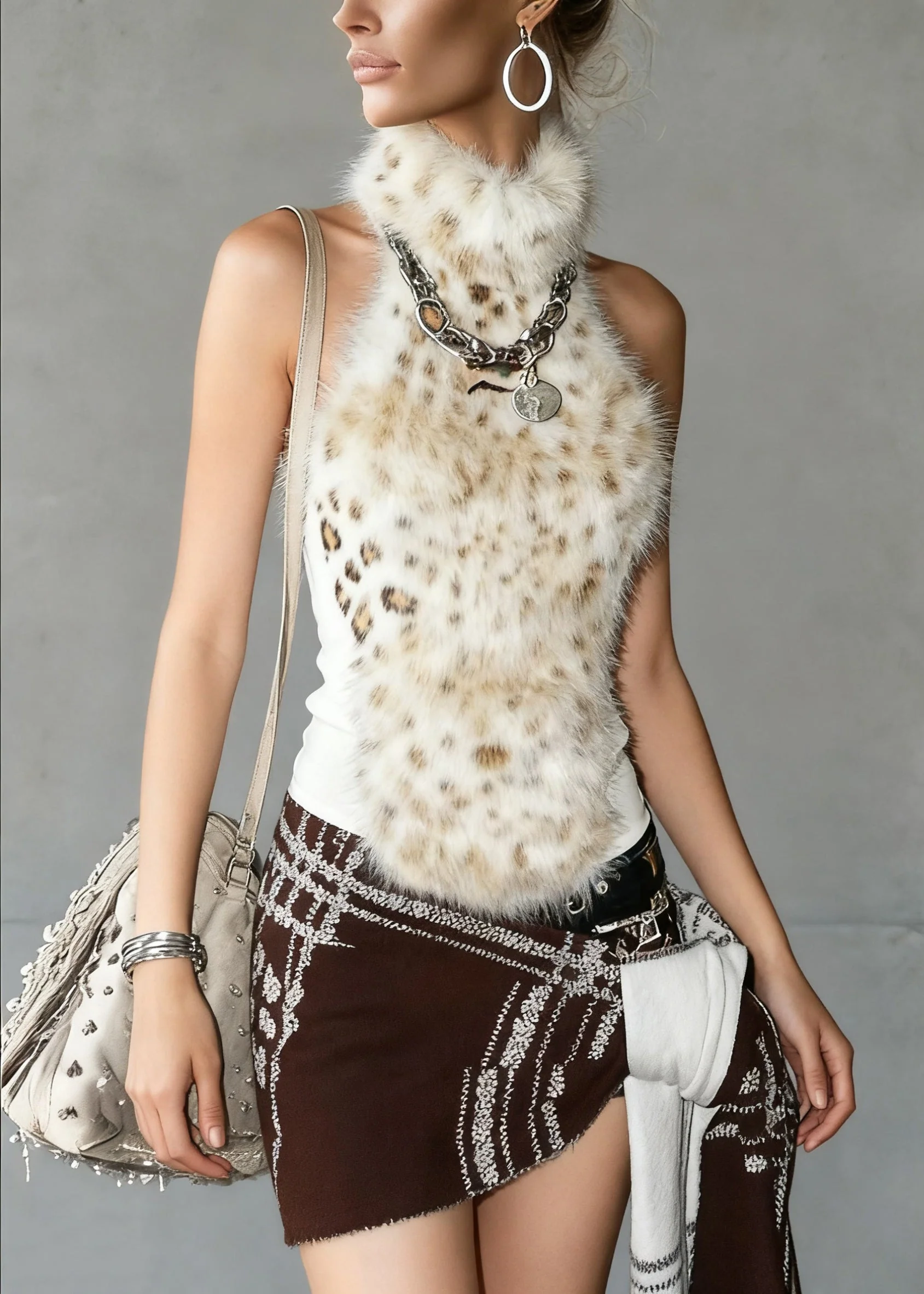 Bohemian Leopard Turtleneck Fluffy Patchwork Tank Sleeveless - Image 3