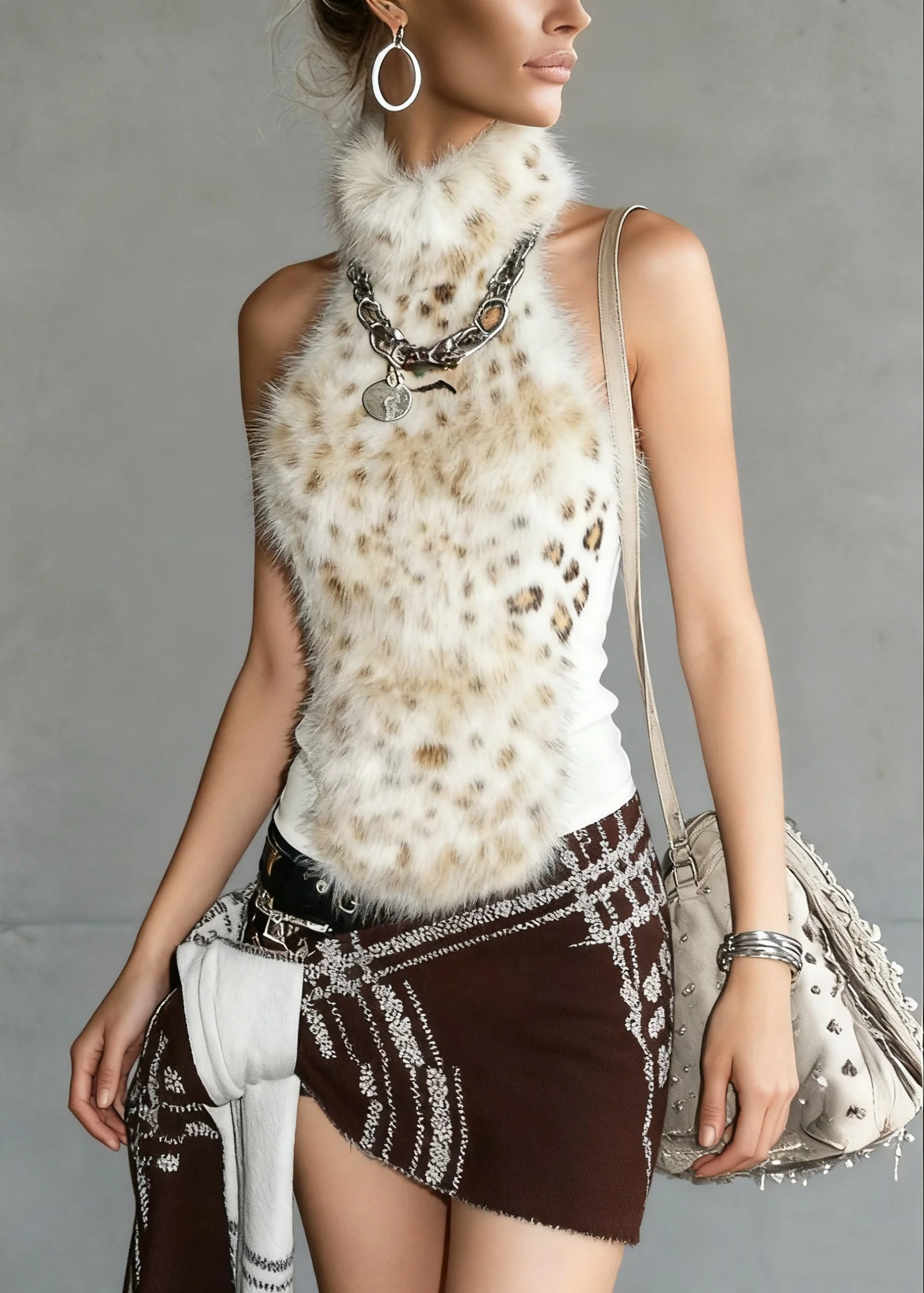 Bohemian Leopard Turtleneck Fluffy Patchwork Tank Sleeveless - Image 5