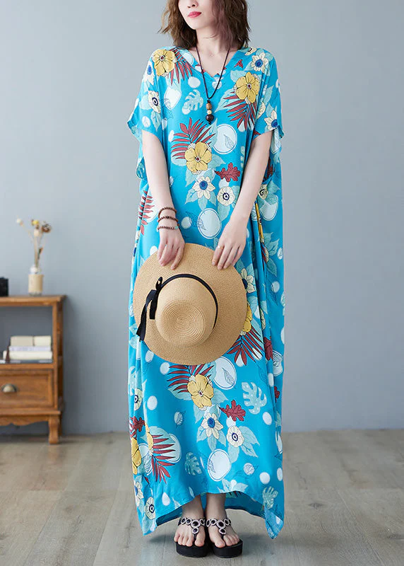 Bohemian Light Blue O-Neck Print Cotton Maxi Dresses Summer - Image 2
