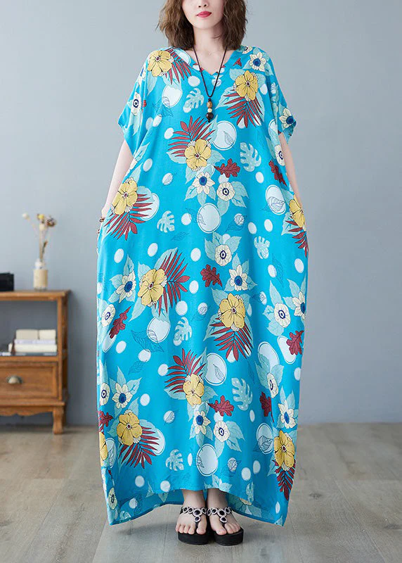 Bohemian Light Blue O-Neck Print Cotton Maxi Dresses Summer - Image 3
