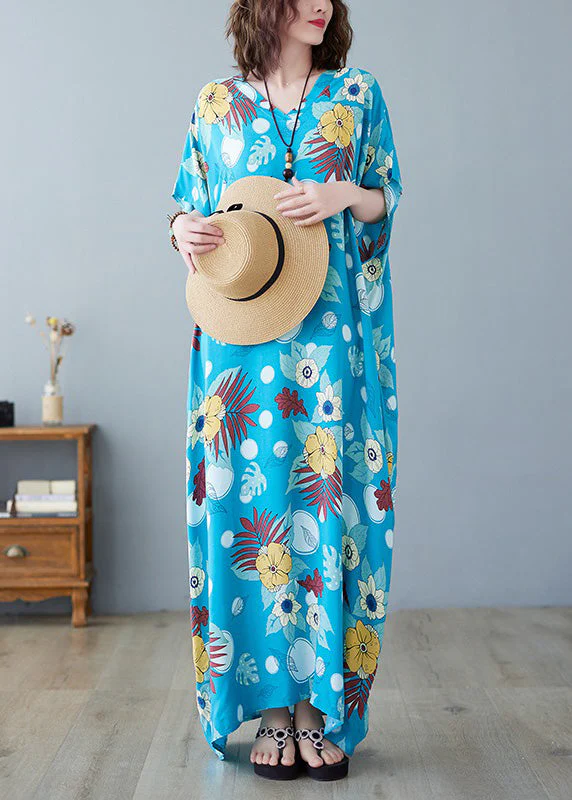 Bohemian Light Blue O-Neck Print Cotton Maxi Dresses Summer - Image 4