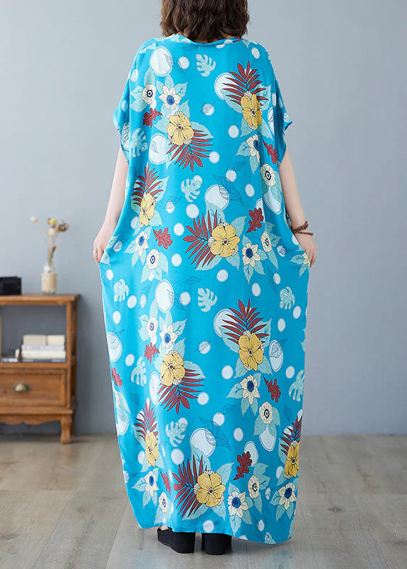 Bohemian Light Blue O-Neck Print Cotton Maxi Dresses Summer - Image 5