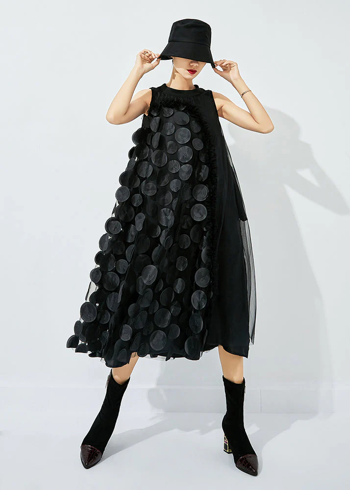 Bohemian Light Green-Black Dot Asymmetrical Patchwork Wrinkled Tulle Maxi Dress Sleeveless - Image 4