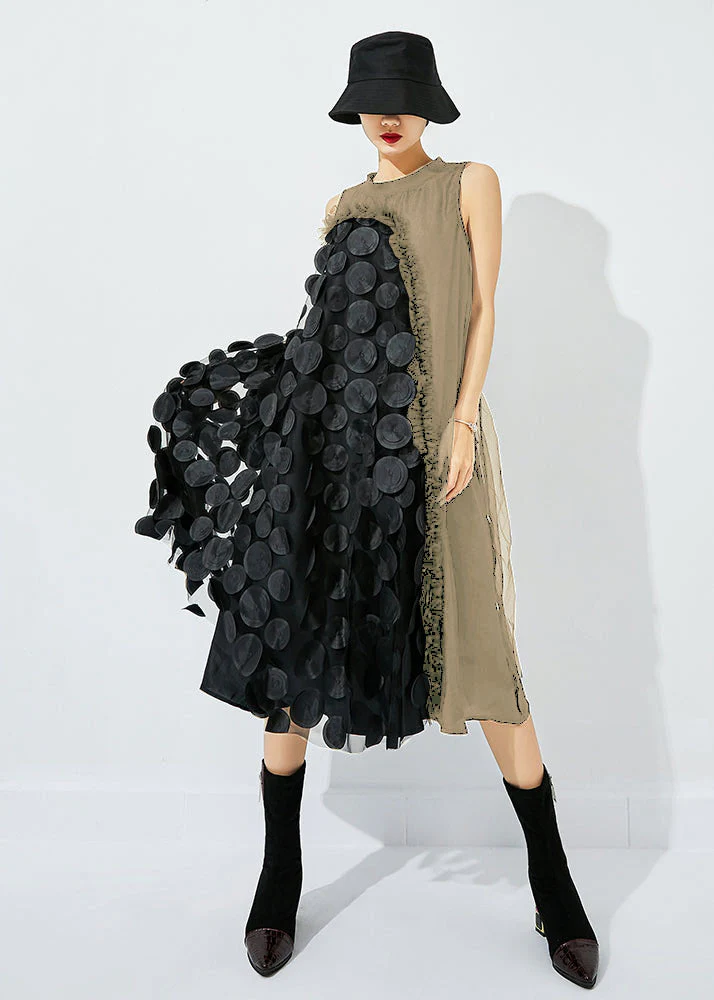 Bohemian Light Green-Black Dot Asymmetrical Patchwork Wrinkled Tulle Maxi Dress Sleeveless - Image 7
