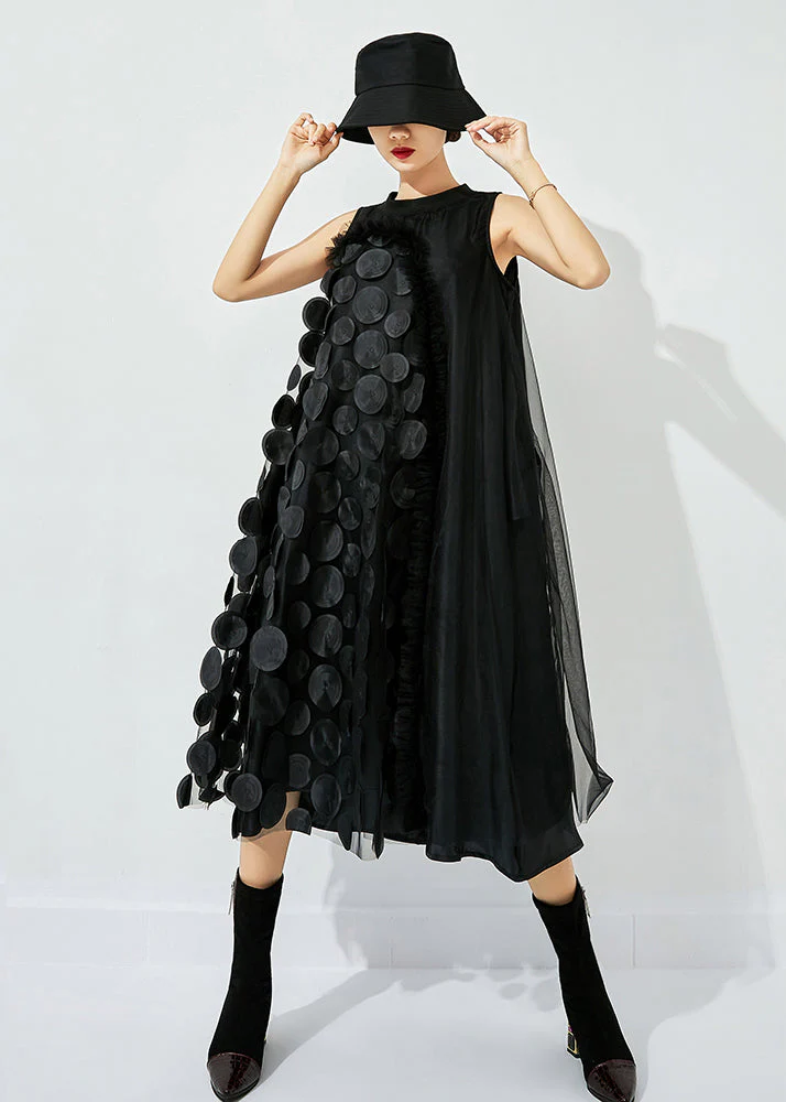 Bohemian Light Green-Black Dot Asymmetrical Patchwork Wrinkled Tulle Maxi Dress Sleeveless - Image 8